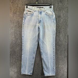 VTG DKNY Womens Blue Jeans Sz 10 Wide Leg Light Wash Leather Patch USA Made Y2K